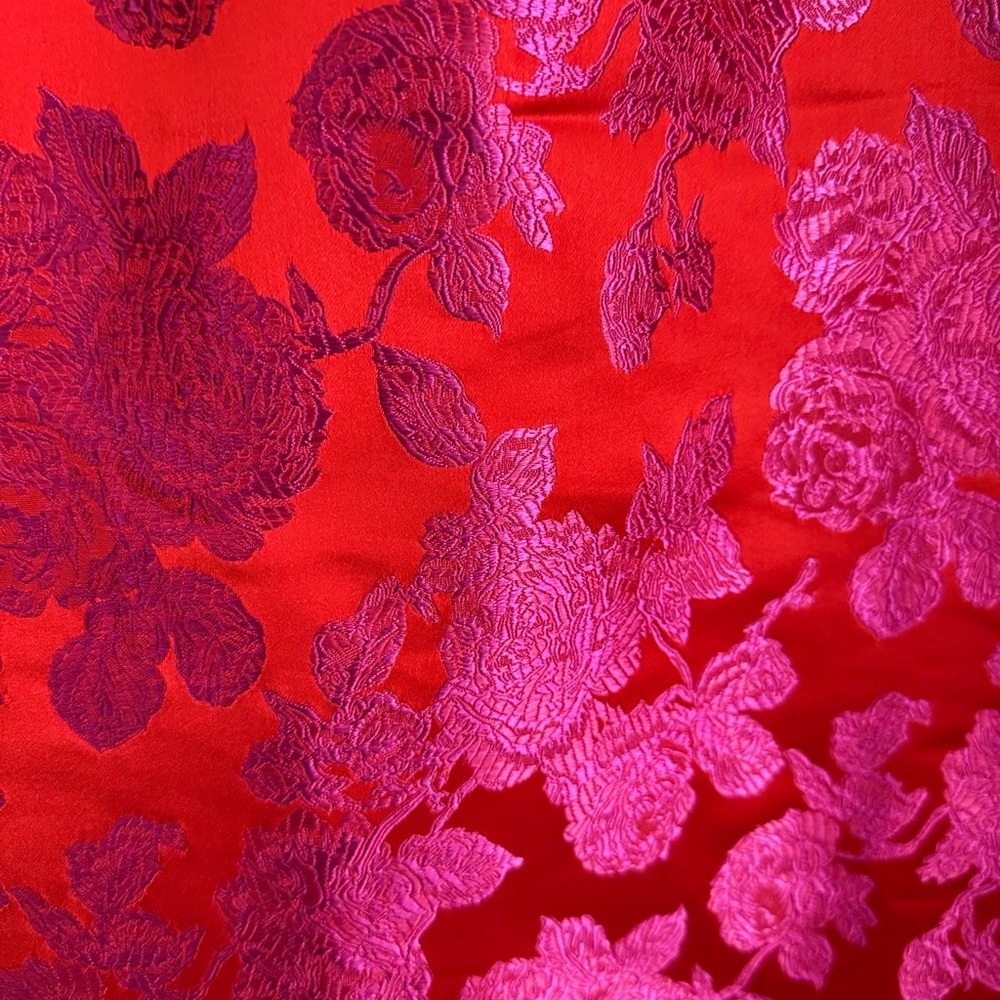 CARYN LAWN Asher Floral Jacquard Puff Sleeve Mini Dress Metallic Red Pink OS - Picture 14 of 15